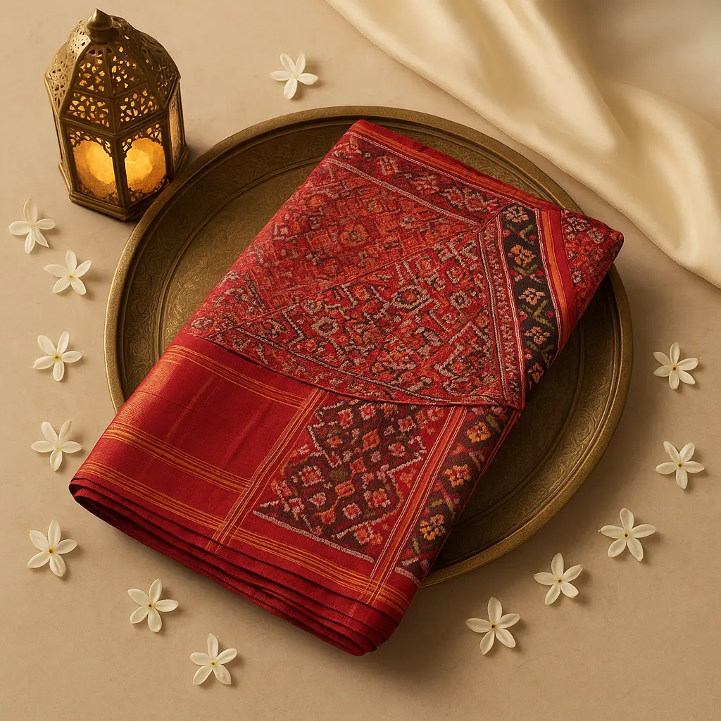 Elegant Red Patola Silk Saree with Geometric Ikat Motifs
