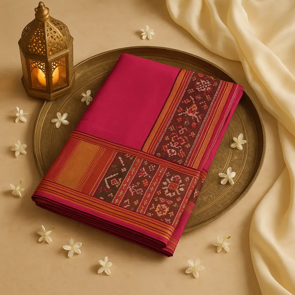 Elegant Traditional Maroon Ikat Silk Saree with Zari Border