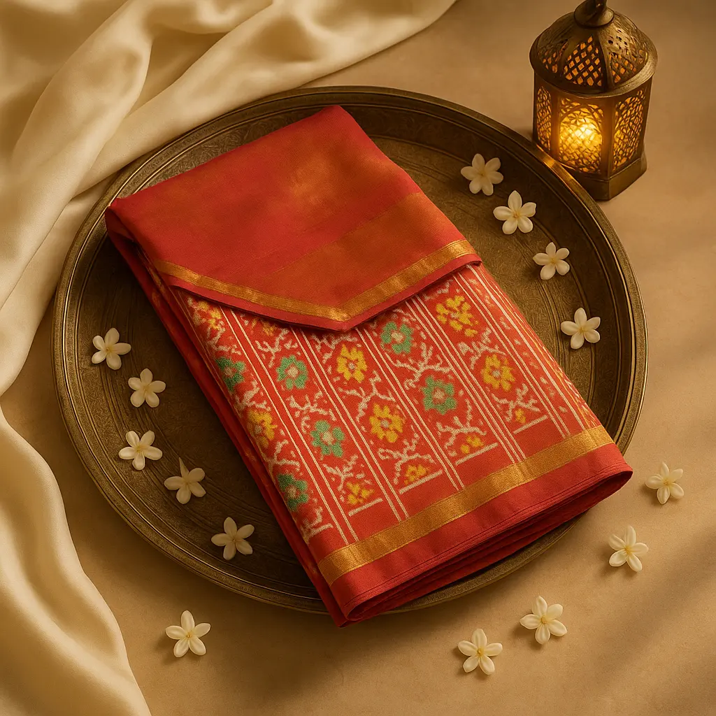 Exquisite Red Traditional Ikat Silk Saree with Elegant Border