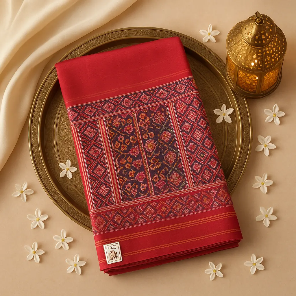 Exquisite Handwoven Patola Silk Saree in Traditional Red Hue