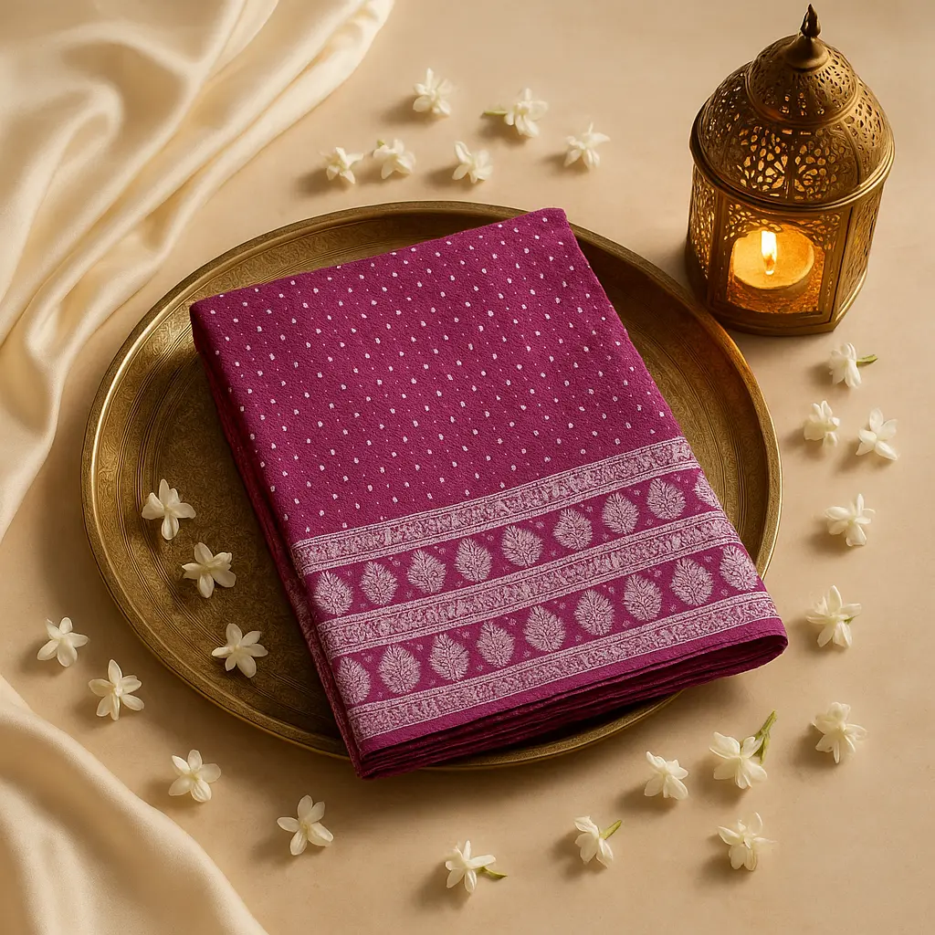 Elegant Deep Purple Semi Gaji Lucknowi Bandhani Saree