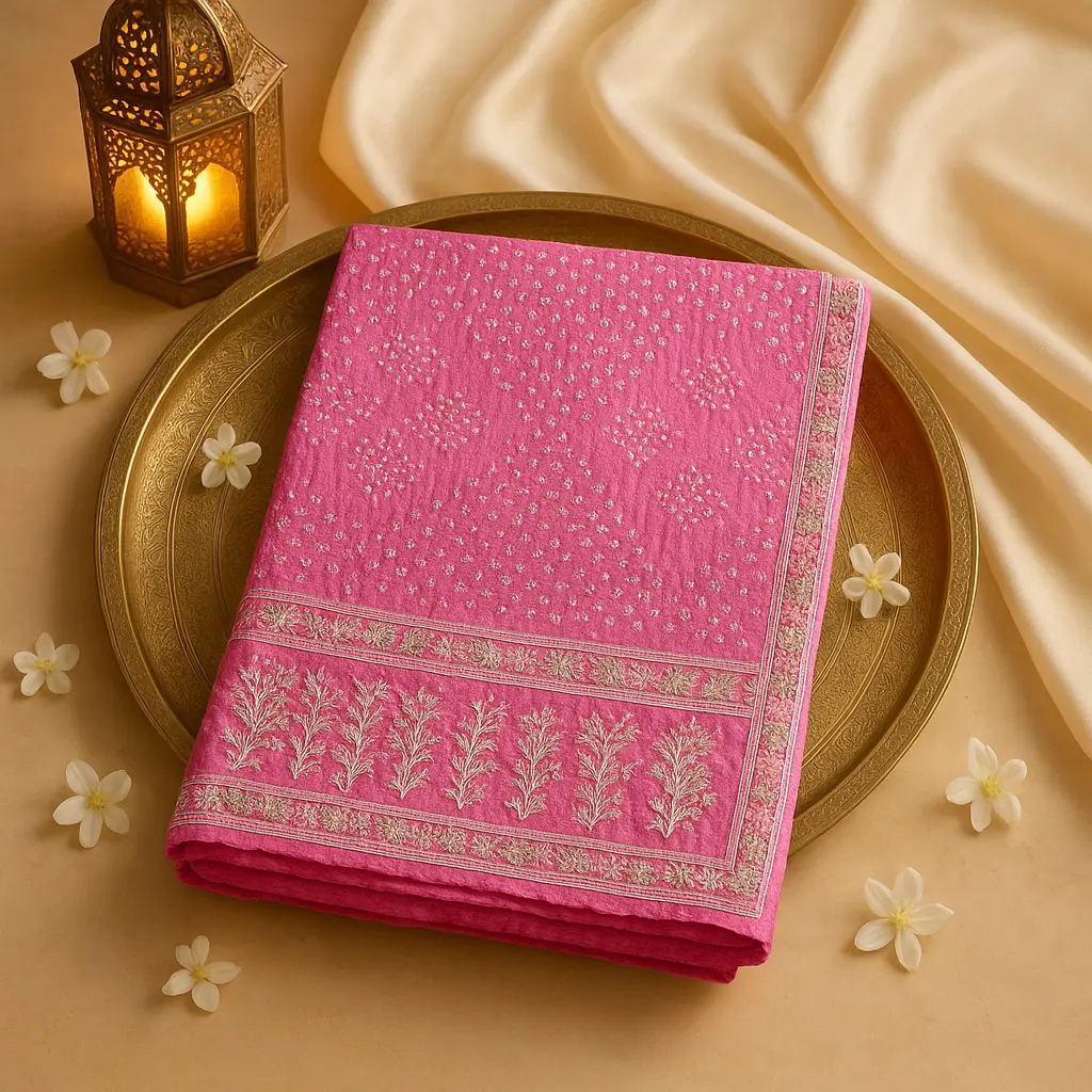 Elegant Pink Bandhani Saree with Lucknowi Embroidery Detail