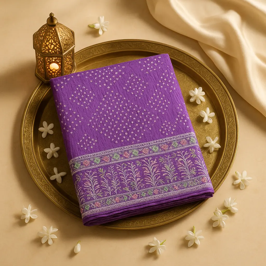 Elegant Purple Bandhani Saree with Intricate Lucknowi Embroidery Border