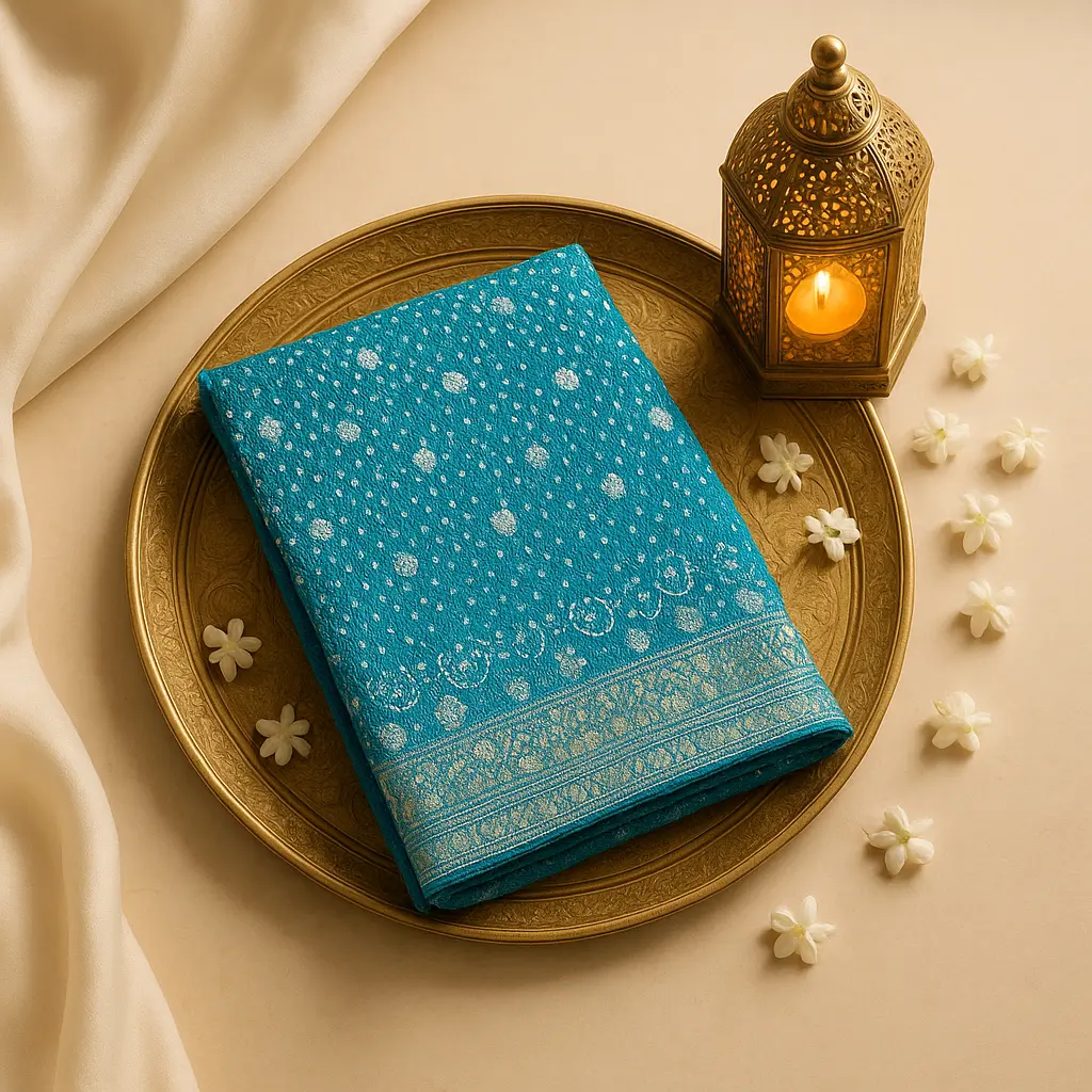 Elegant Teal Bandhani Saree with Rich Silver Zari Border