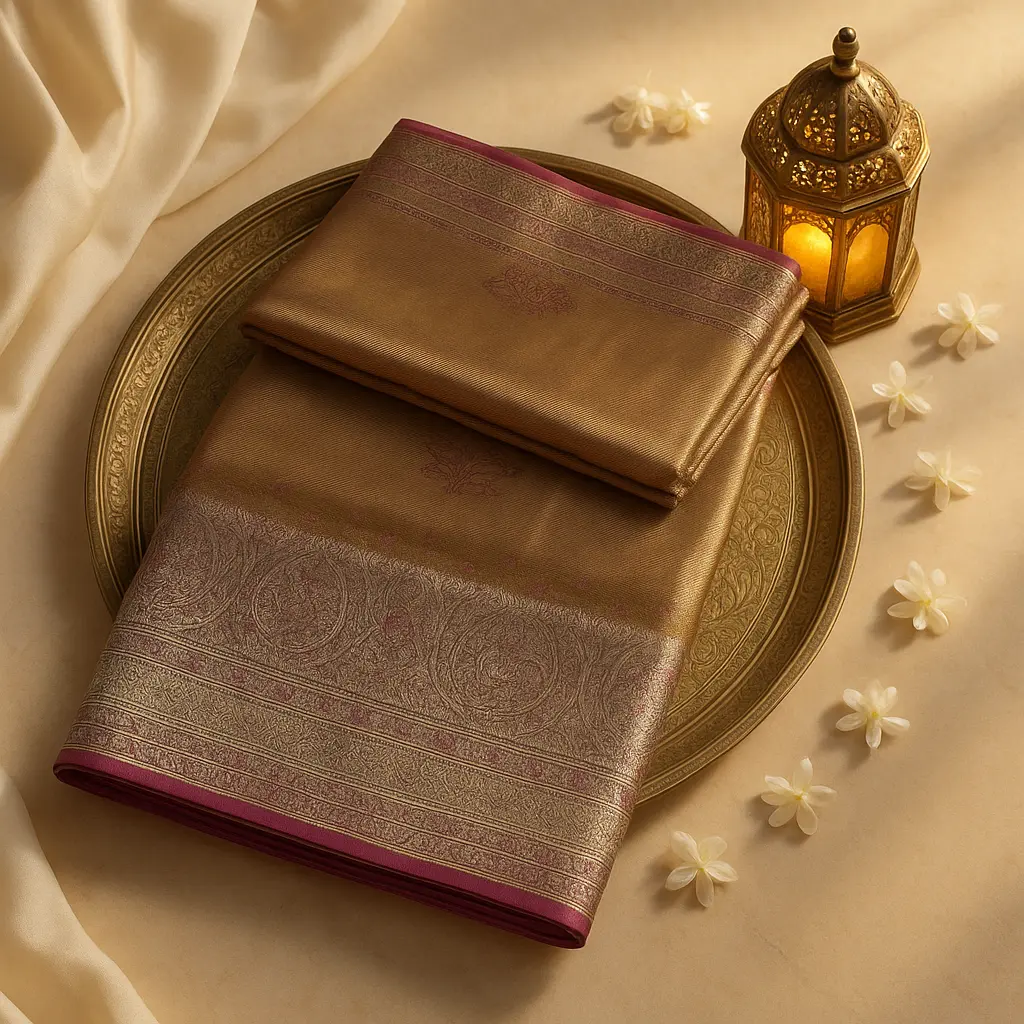 Elegant Tissue Silk Meena Saree in Golden Copper with Zari
