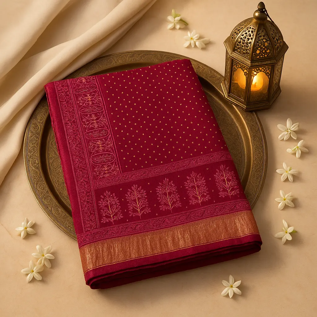Elegant Maroon Bandhani Saree with Traditional Lucknowi Embroidery