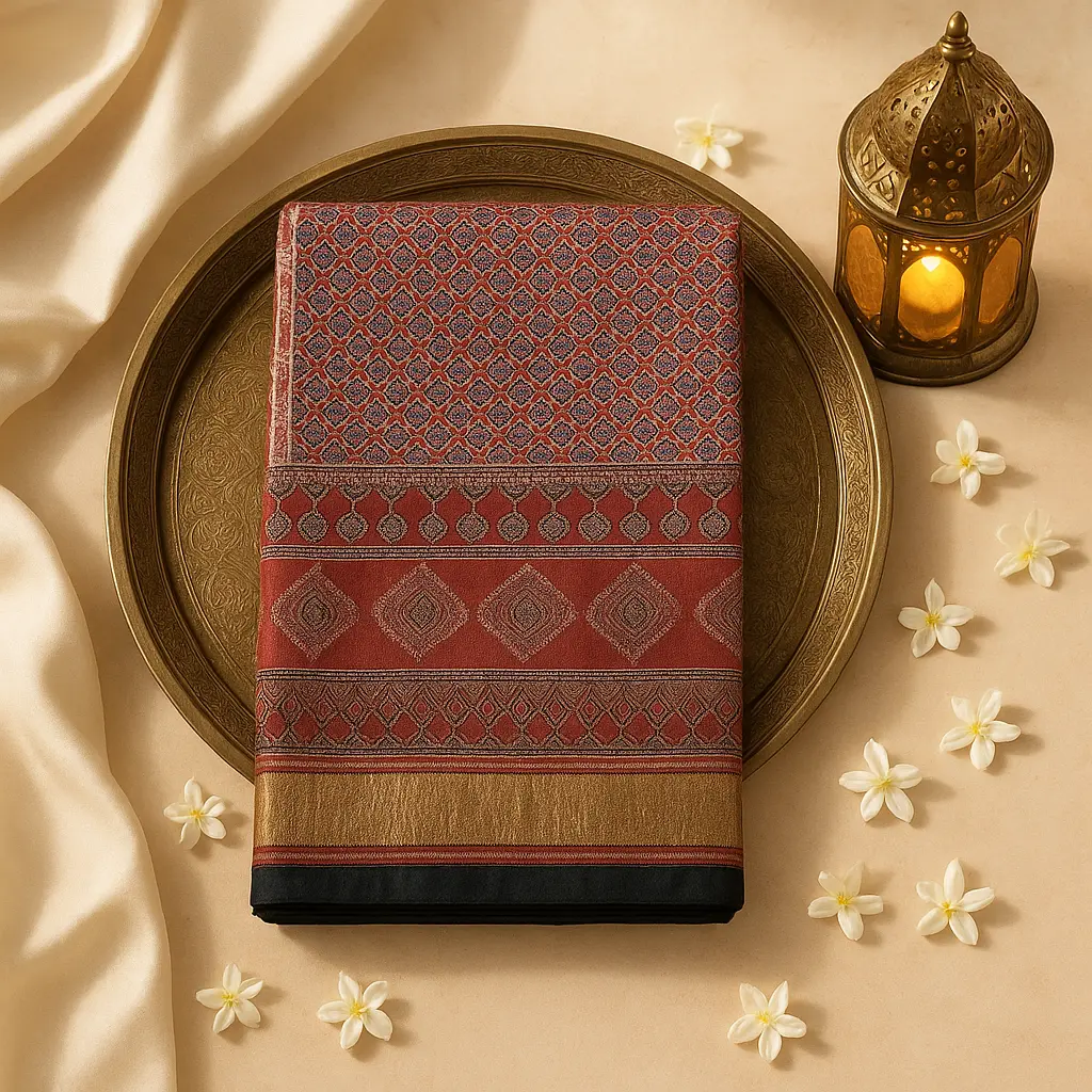Elegant Maroon and Navy Blue Ajrakh Block Print Saree
