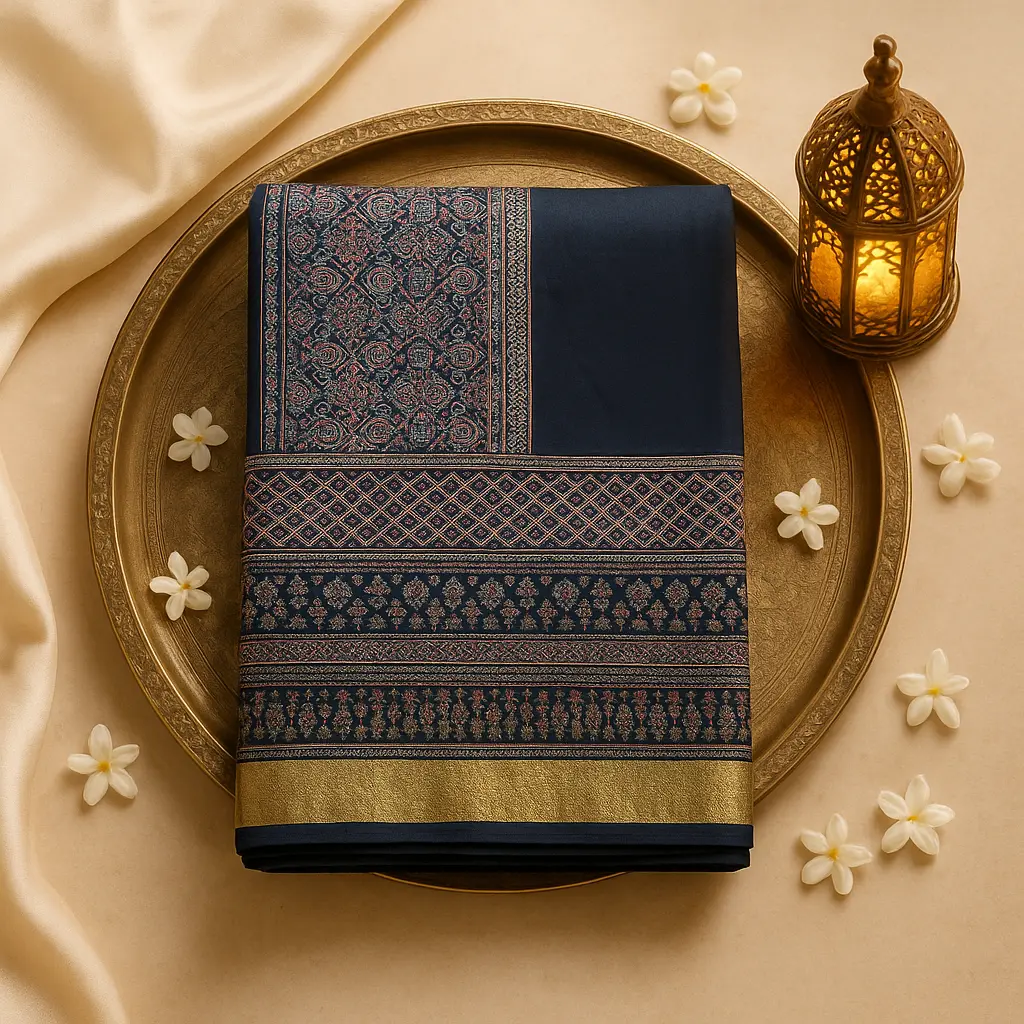 Elegant Black Ajrakh Print Designer Saree with Zari Border