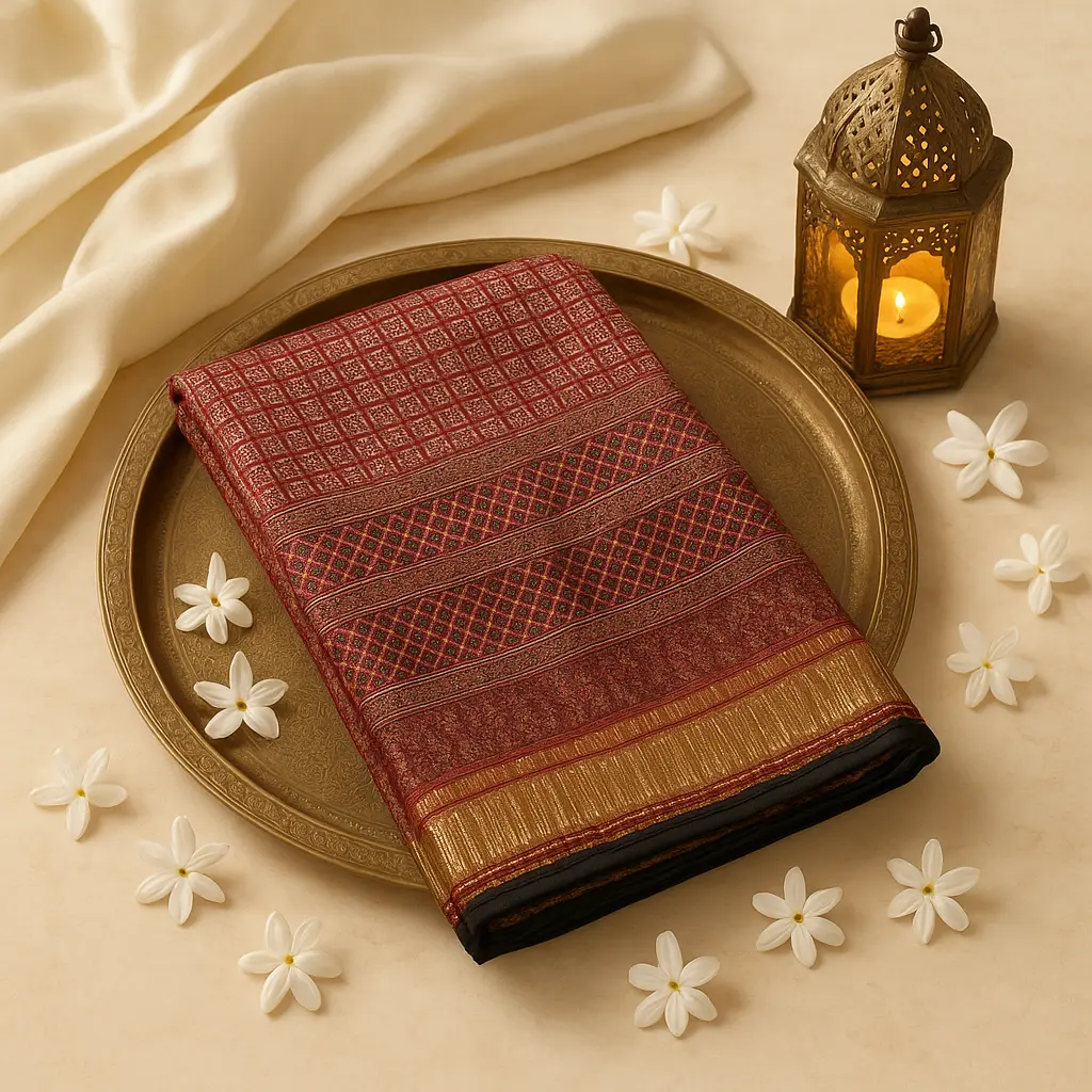 Elegant Ajrakh Print Cotton Saree with Traditional Gold Border