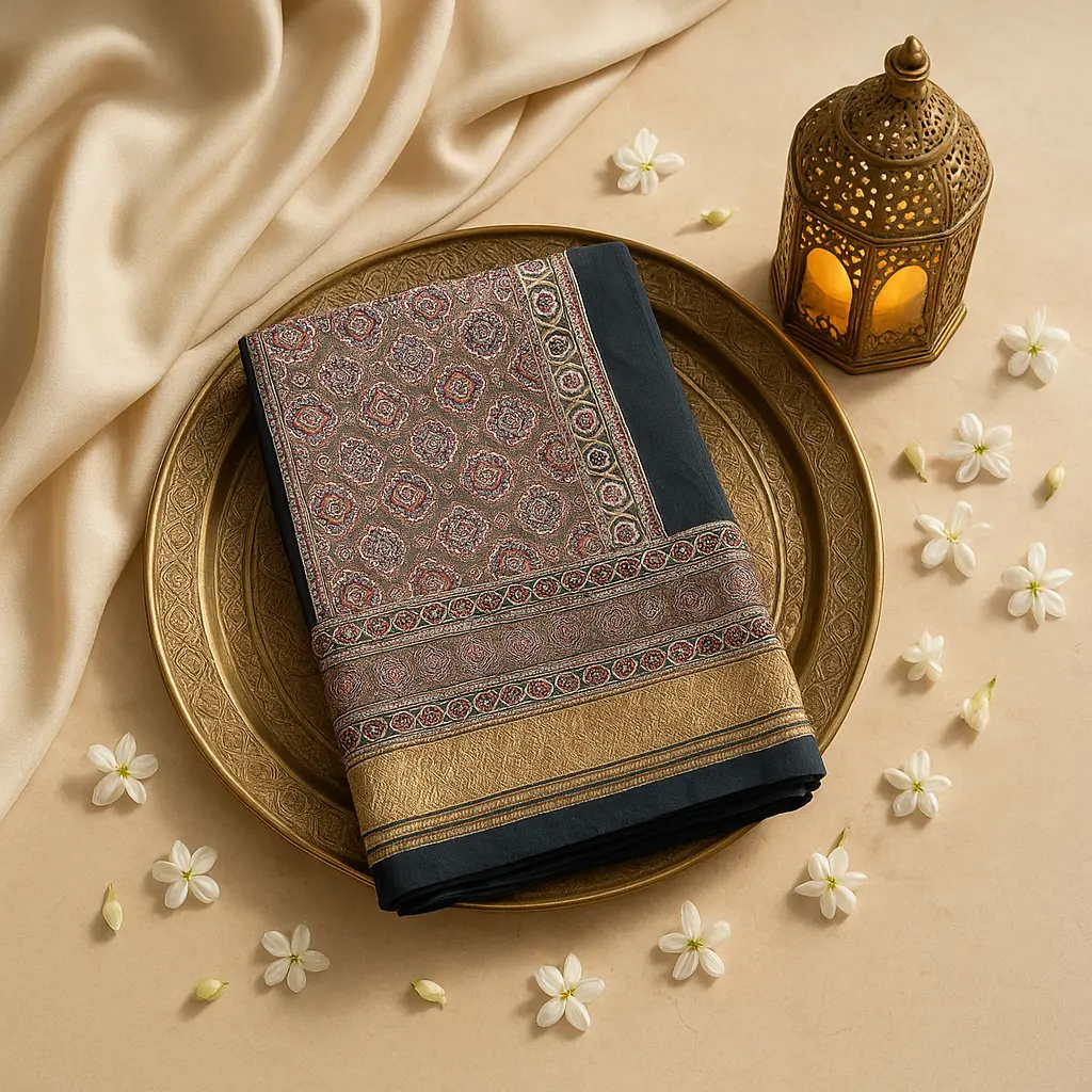 Elegant Black and Brown Ajrakh Print Designer Saree