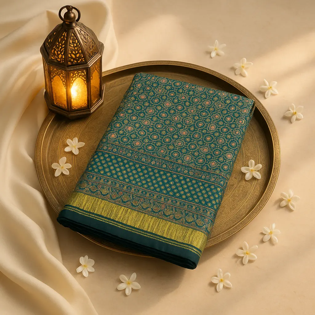 Elegant Dark Green Ajrakh Mirror Work Designer Saree