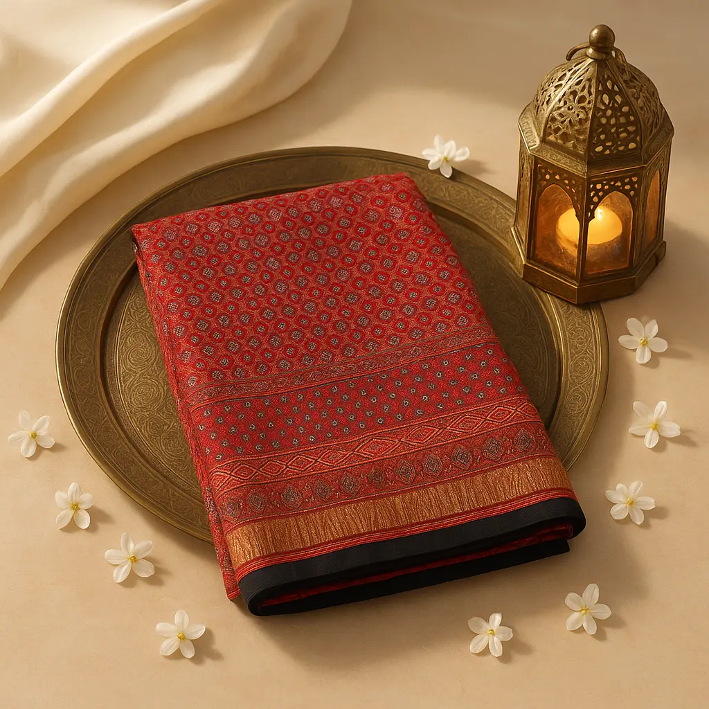 Red Ajrakh Mirror Work Designer Saree with Zari Border