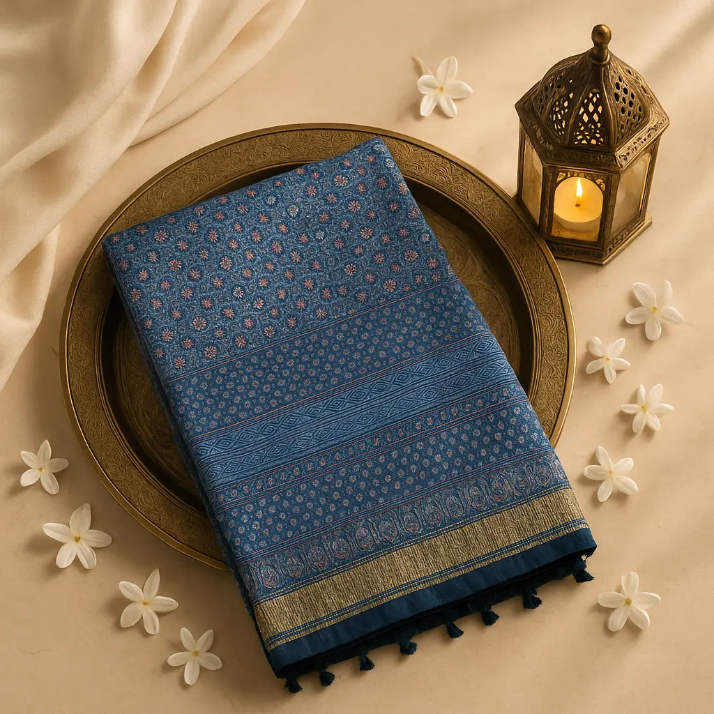 Elegant Blue Ajrakh Mirror Work Designer Saree