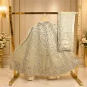 Women’s Ivory Gold Embroidered Lehenga Choli with Dupatta, Sequin Floral Work, Designer Border