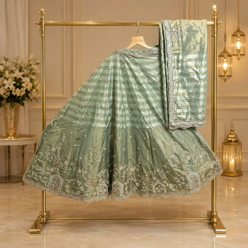Women’s Sage Green Embroidered Lehenga Choli with Dupatta, Shimmer Stripe Floral Work, Designer Border