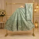 Women’s Sage Green Embroidered Lehenga Choli with Dupatta, Shimmer Stripe Floral Work, Designer Border