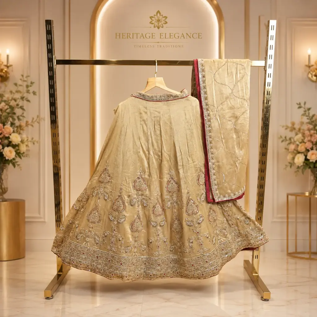 Women's Champagne Gold Embroidered Lehenga Choli with Dupatta, Heavy Sequin Work, Decorative Border