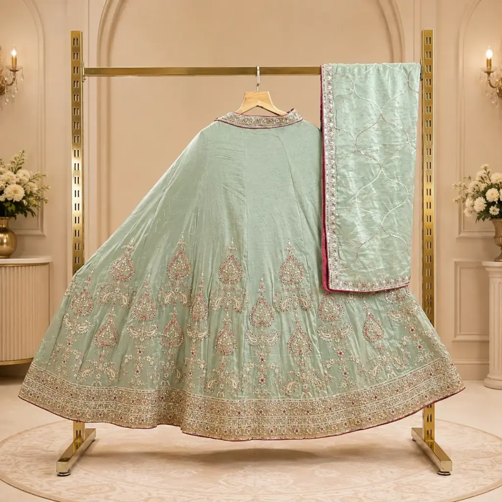 Women’s Mint Green Embroidered Lehenga Choli with Dupatta, Heavy Sequin n Zari Work, Designer Border