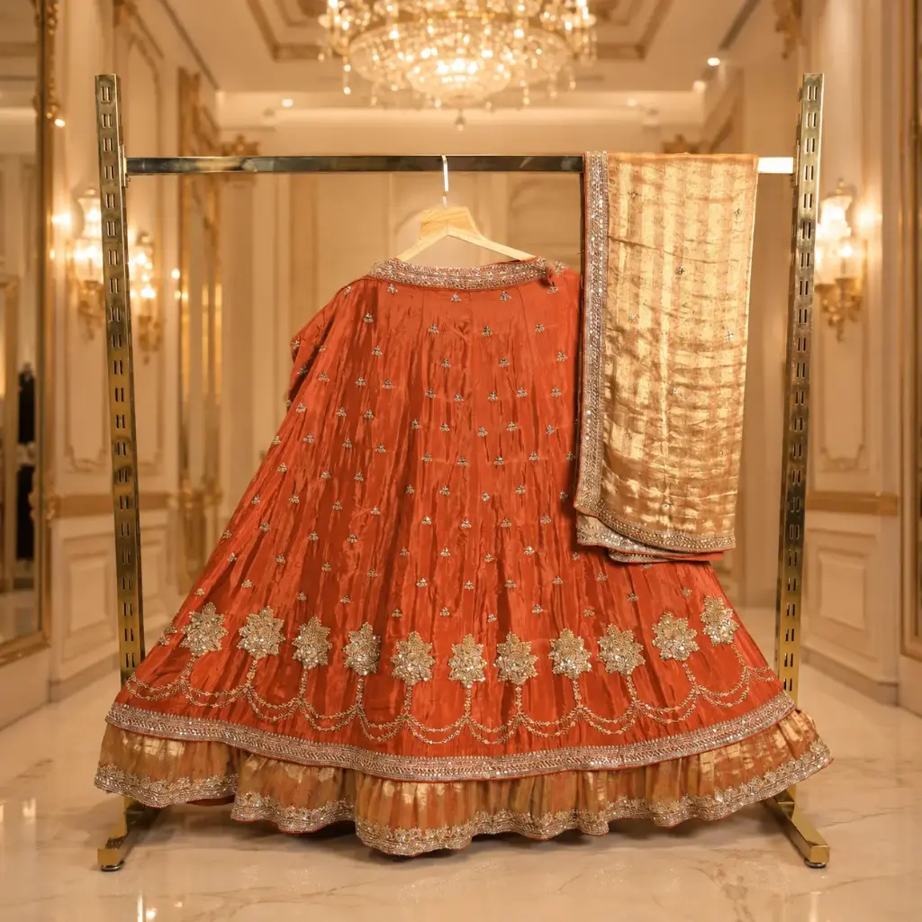 Women’s Rust Orange Embroidered Lehenga Choli with Gold Dupatta, Sequin Floral Work