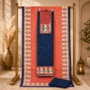 Women’s Coral Pink n Navy Floral Printed Unstitched Dress Material Set with Coordinated Dupatta