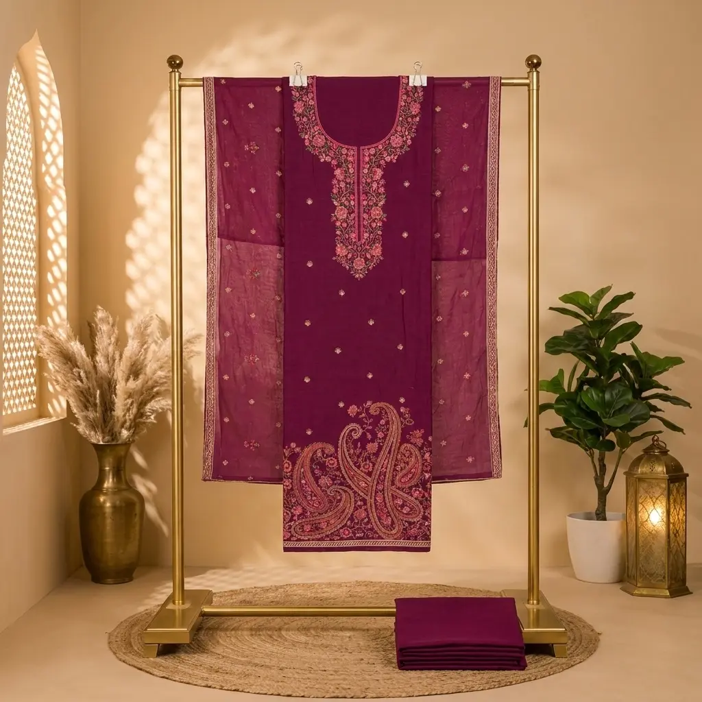 Wine Silk Kashmiri Embroidered Unstitched Salwar Suit Material
