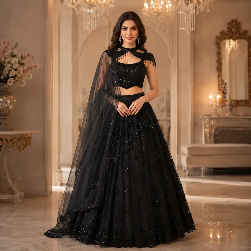 Women's Black Sequined Lehenga Choli Set with Sheer Dupatta for Wedding, Party and Festive Occasions