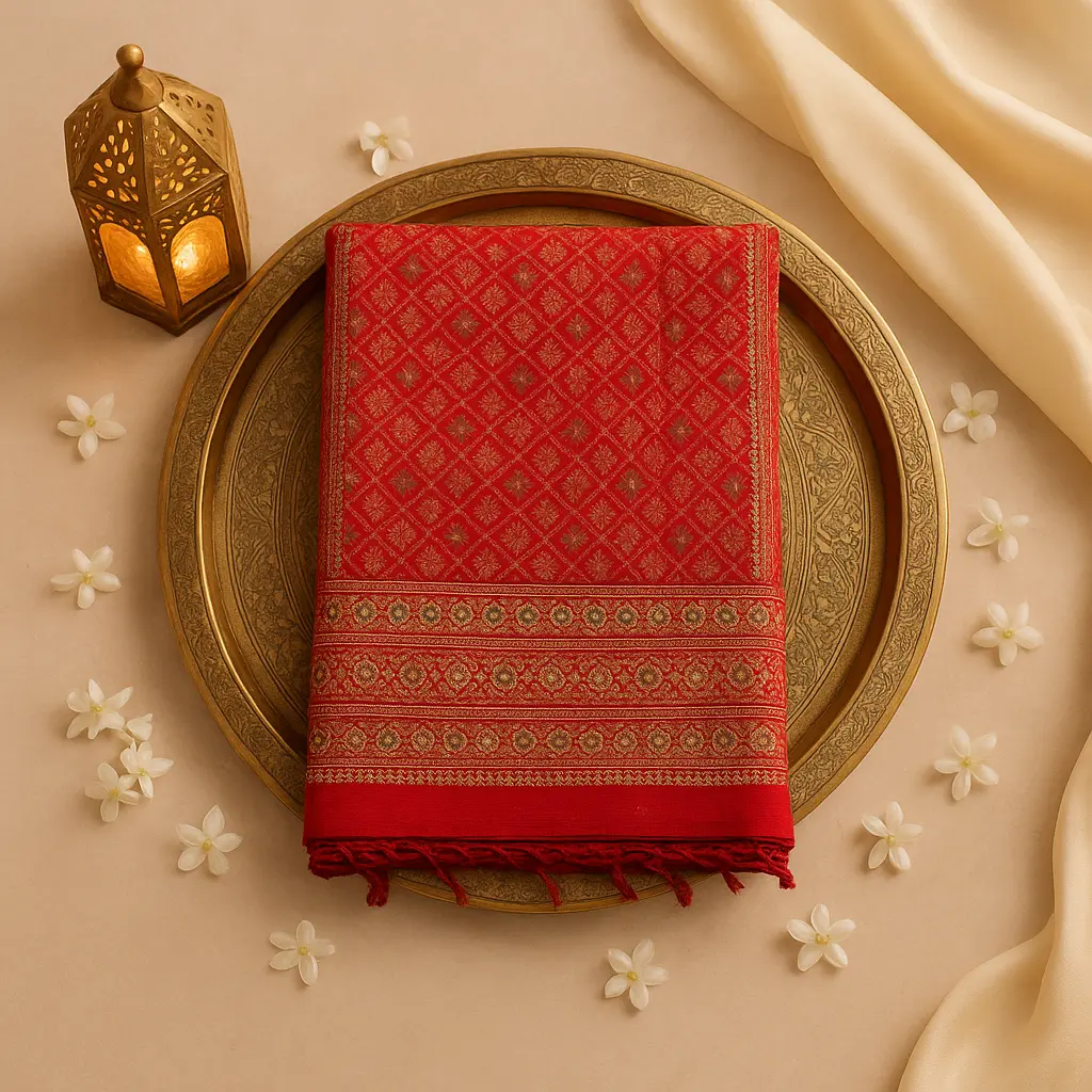 Red Designer Silk Saree with Traditional Mirror and Beadwork