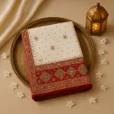 Elegant Embroidered Off-White Saree with Rich Red Border
