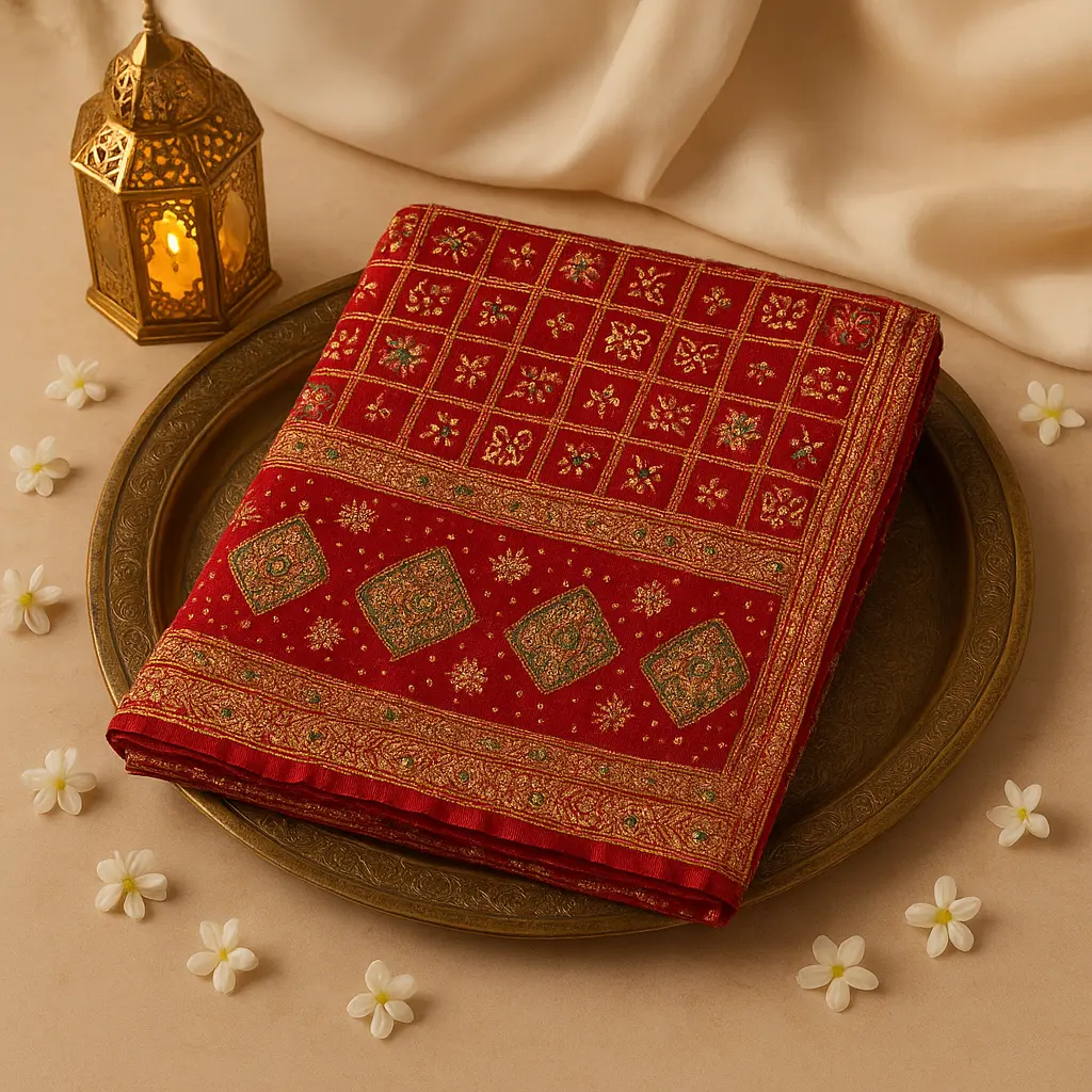 Red Embroidered Silk Chex Design Designer Saree