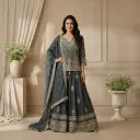 Slate Teal Zari and Sequin Embroidered Sharara Set