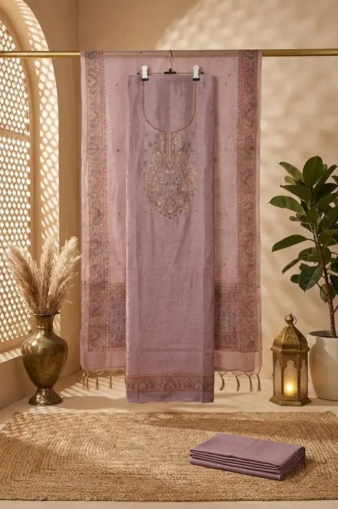 Dusty Mauve Embroidered Chanderi Silk Unstitched Suit Material