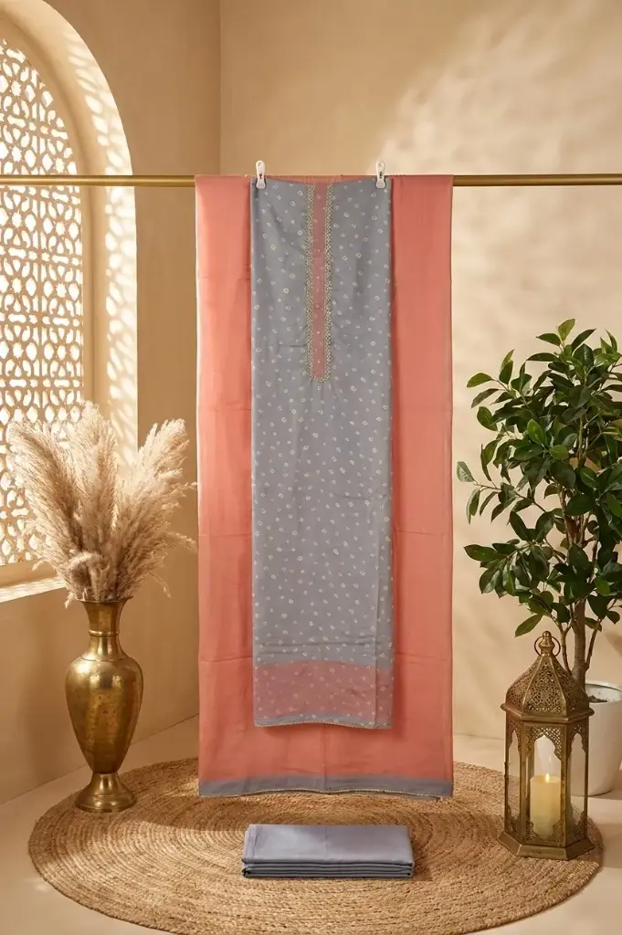 Pastel Grey and Peach Silk Unstitched Dress Material Suit