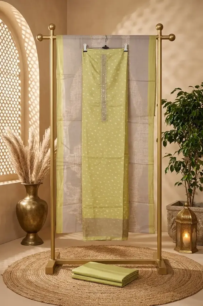 Pistachio Green Silk Bandhani Print Unstitched Suit Material