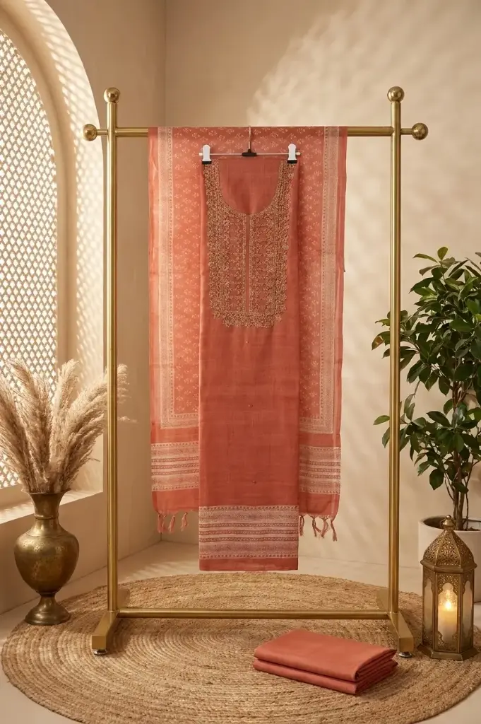 Rust Peach Handloom Silk Embroidered Unstitched Suit Material