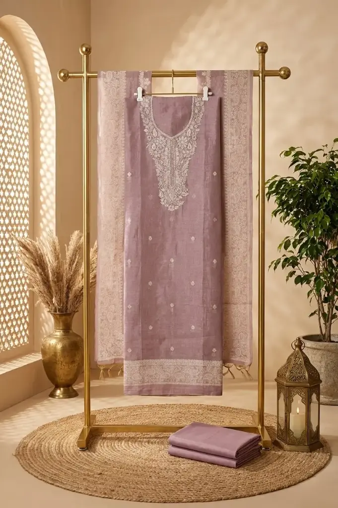 Dusty Mauve Handloom Silk Embroidered Unstitched Suit Material