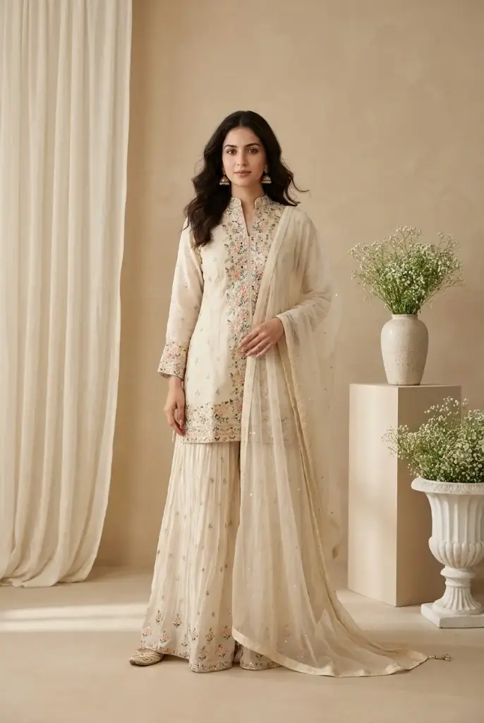 Cream Embroidered Chanderi Silk Kurti Palazzo Suit Set