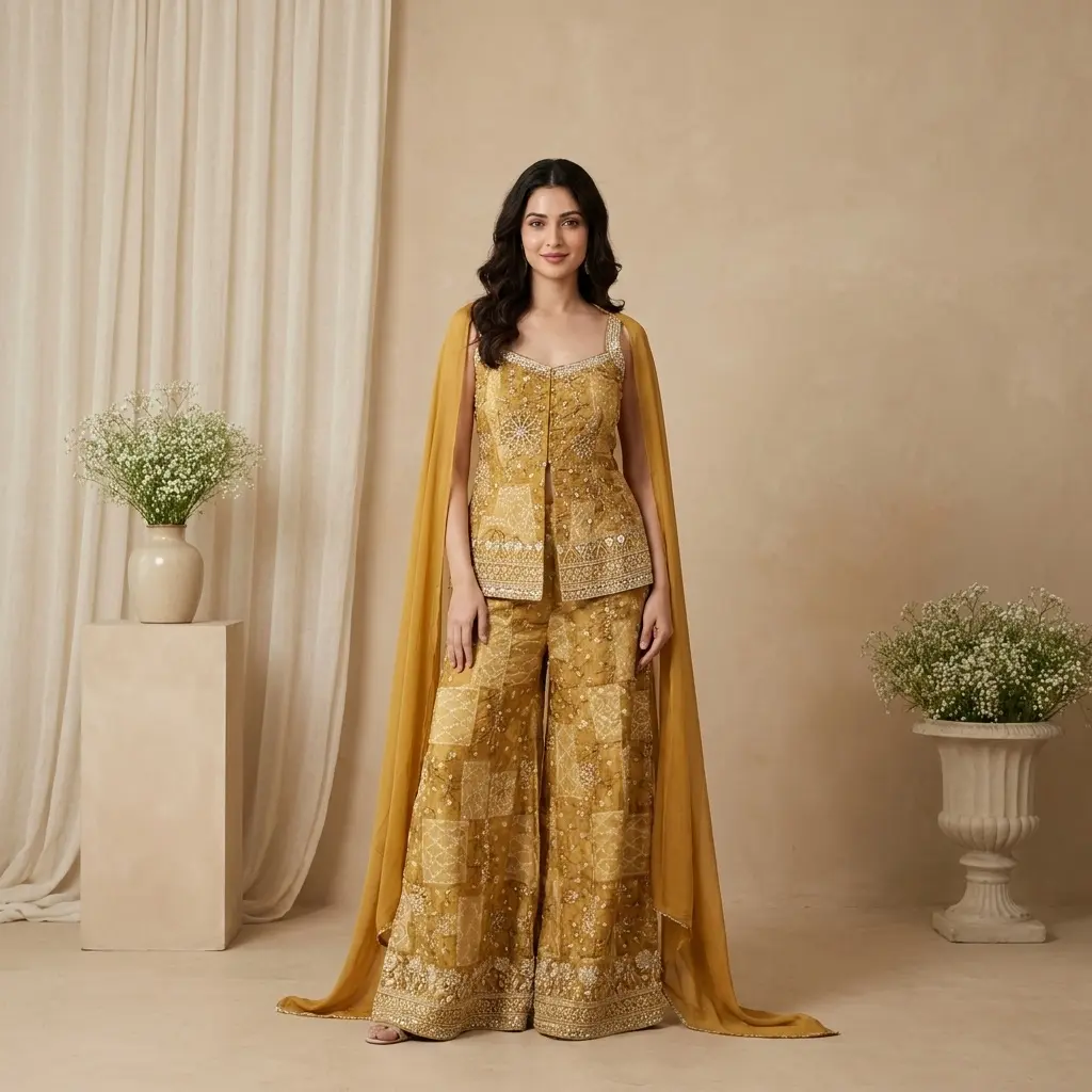 Mustard Yellow Embellished Peplum Top and Palazzo Set
