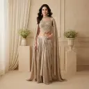 Champagne Gold Embellished Crop Top Set with Draped Cape