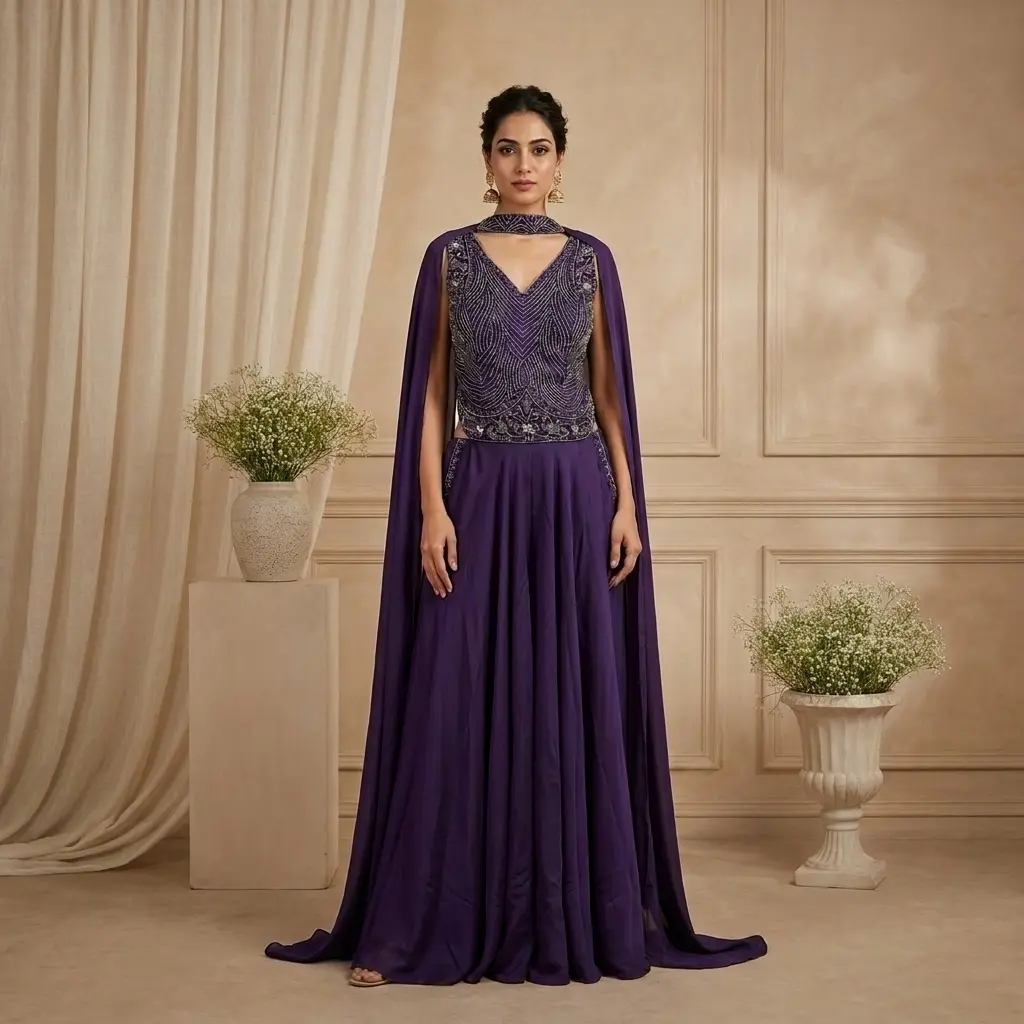 Royal Purple Embroidered Crop Top and Flared Palazzo Set