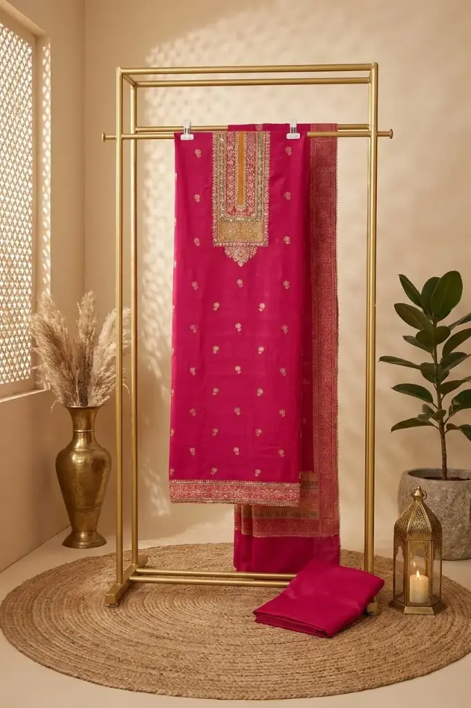 Rani Pink Embroidered Silk Unstitched Salwar Suit Material 