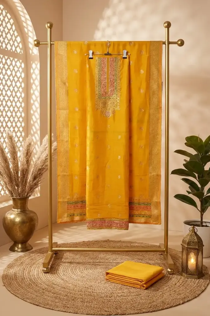 Mustard Yellow Silk Unstitched Suit with Zari Embroidery