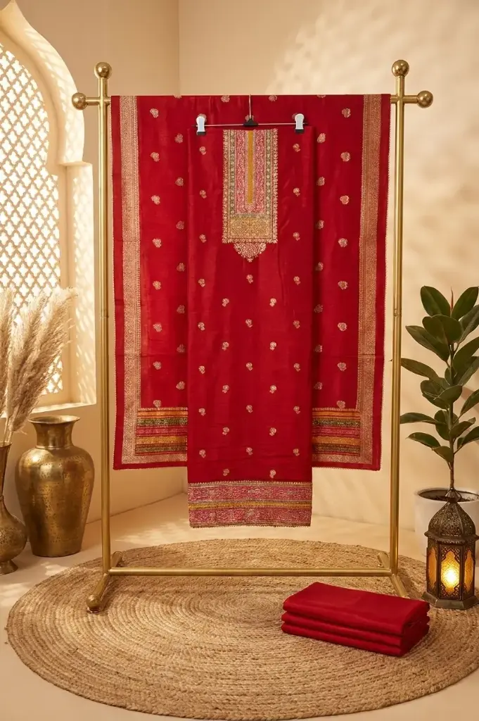 Crimson Red Silk Unstitched Salwar Suit Dress Material