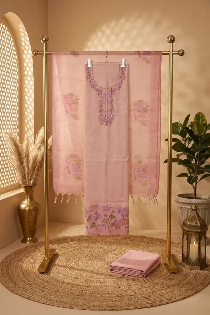 Pastel Pink Handloom Silk Embroidered Unstitched Suit Material