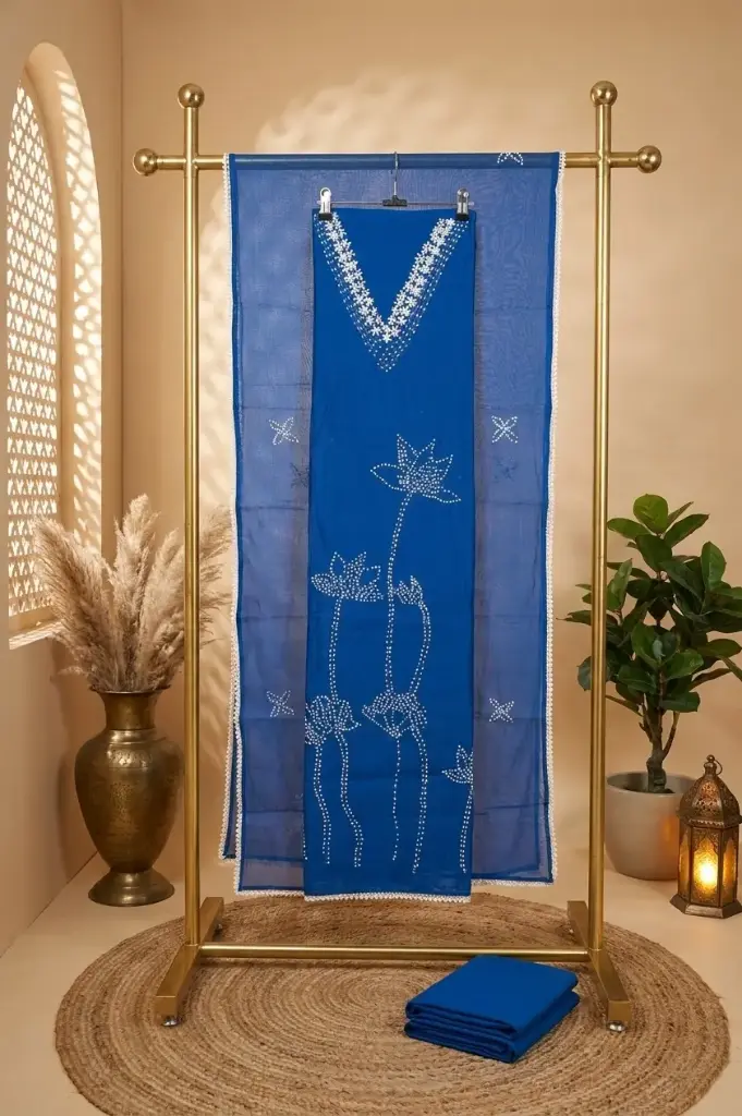 Royal Blue Hand Embroidered Chanderi Unstitched Dress Material