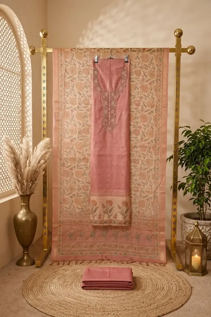 Dusty Rose Handloom Silk Unstitched Suit Material Set