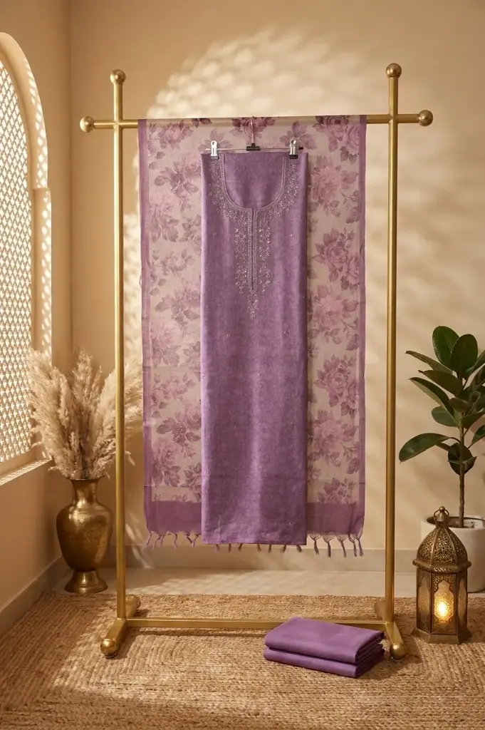 Lilac Embroidered Handloom Silk Unstitched Dress Material