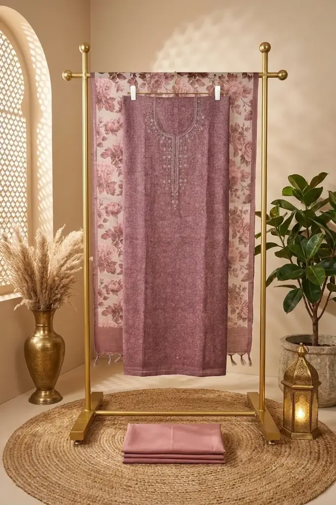 Dusty Rose Linen Silk Embroidered Unstitched Suit Material