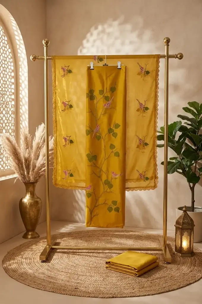 Mustard Yellow Silk Unstitched Suit with Bird Tree Embroidery