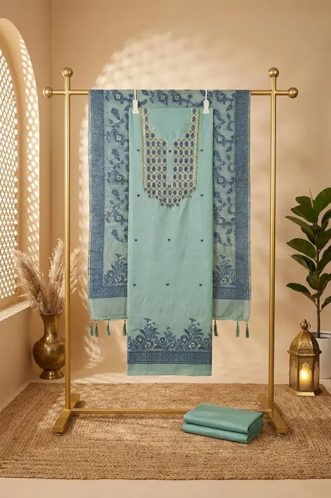 Pastel Mint Green Chanderi Embroidered Unstitched Suit Set