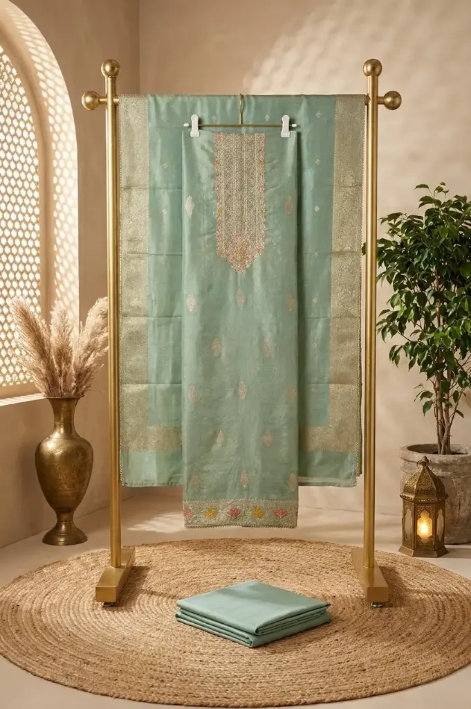 Designer Mint Green Unstitched Silk Salwar Suit Material